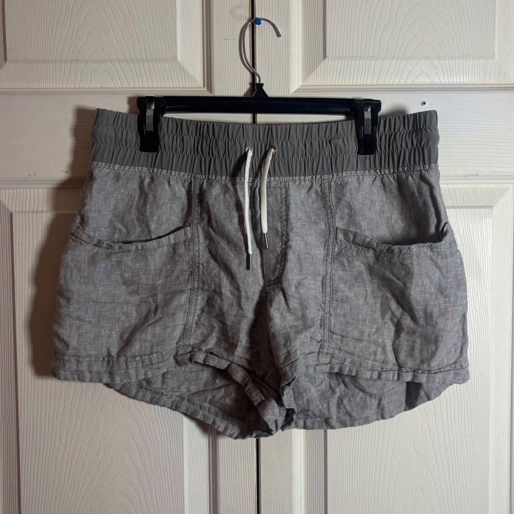 Athleta Cabo Linen Shorts Grey Elastic Waist Drawstring Size 12